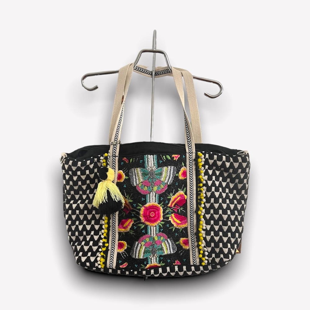 AMERICA AND BEYOND HANDBEADED EXTRA LARGE TOTE BOHEMIAN MIDNIGHT BUTTERFLY